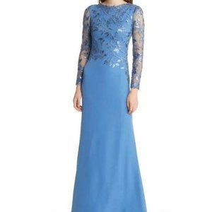 TADASHI SHOJI LONG SLEEVE SEQUINED LACE CREPE CADET BLUE GOWN sz 8